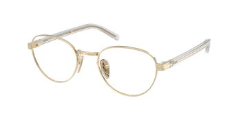 Das Bild zeigt die Prada Brille B53V in Hellgold leicht schräg von der Seite.
